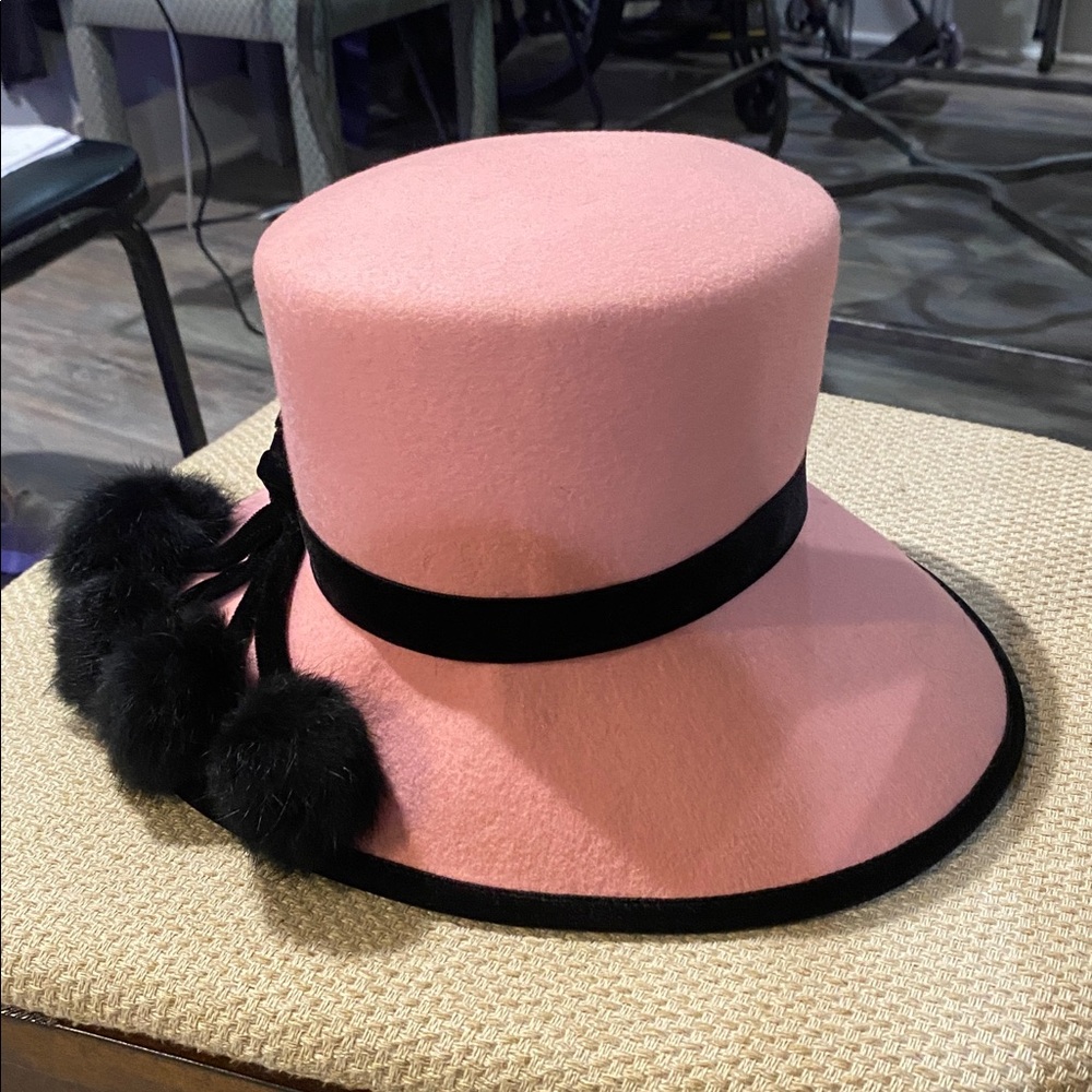 Elegant Pink and Black Felt Women's Hat w/fake fur Pom poms - Picture 3 of 5